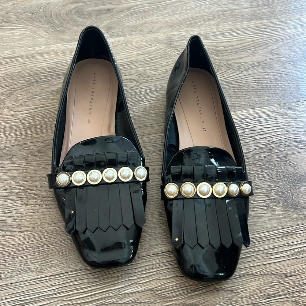Zara patent look loafer with pearl detail